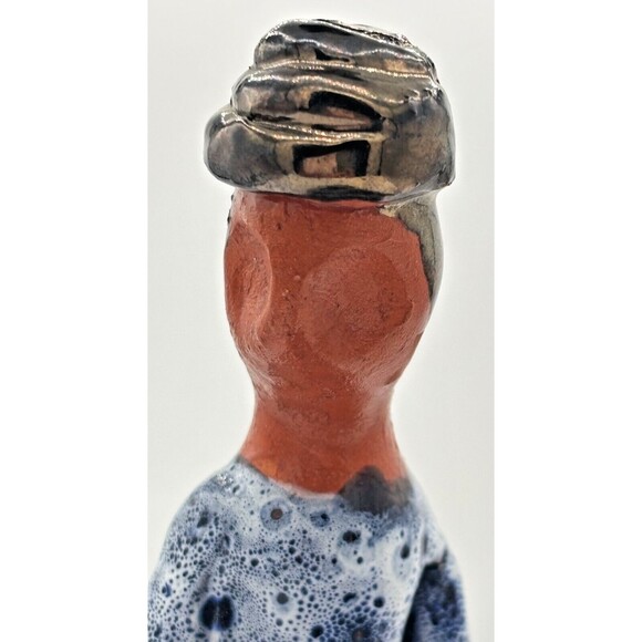 Vintage Clay‎ Art Pottery Figure Sitting w/Pots Primitive Blue Speckled Glazed - Picture 7 of 16
